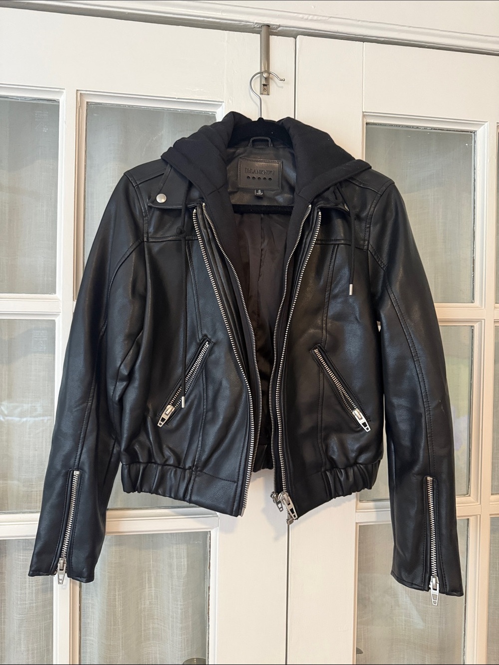 Blank NYC Black faux Leather Jacket with sweatshirt hoodie liner